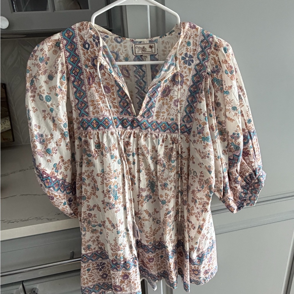 Milly Cream Boho Peasant Blouse with Blue and Brown Floral Print